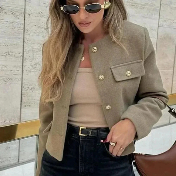 Khaki Casual Women's Tweed Jacket Round Neckline Decorated Long Sleeves Coat - Picture 6 of 8